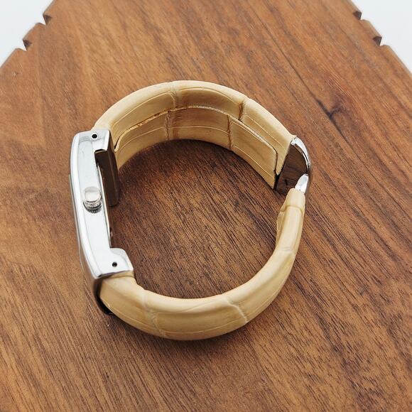 Geneva Elite Women's Cuff Style Bracelet Watch Silver Beige Embossed Old Money - Picture 4 of 6